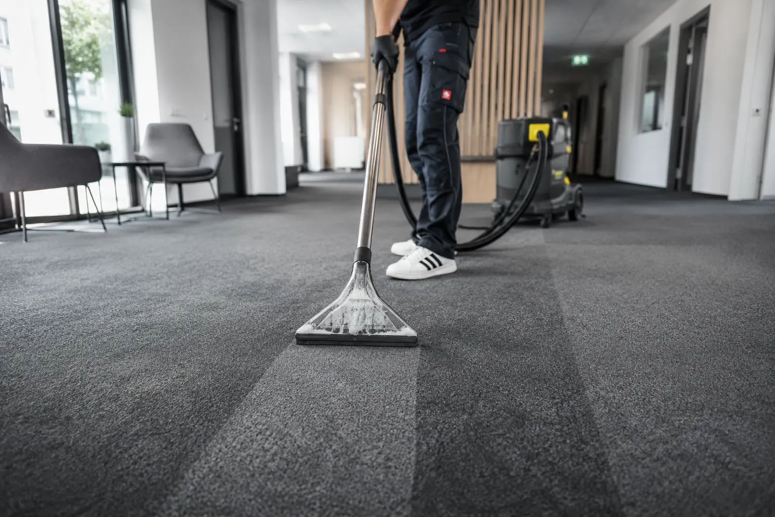 Sprühextraktion eines Büro-Teppichbodens vor Ort