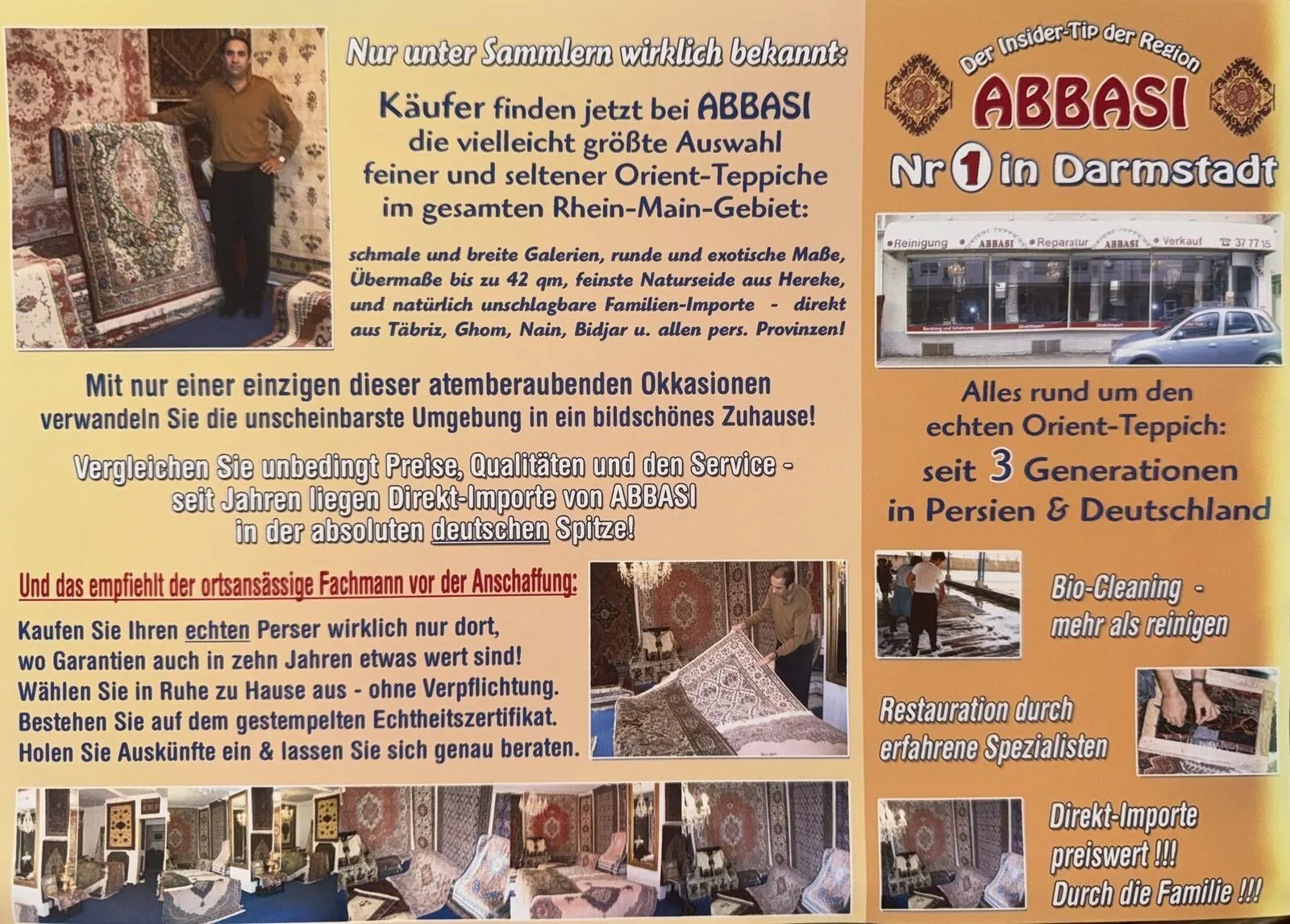 Historischer Werbeflyer von Orientteppiche Abbasi